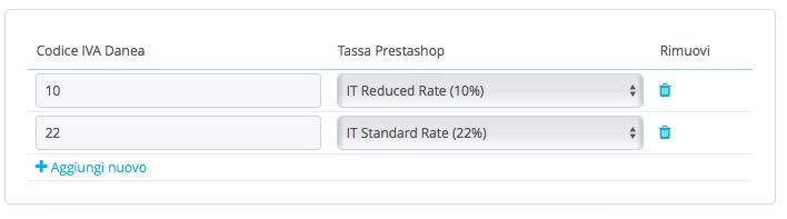 mappatura tasse prestashop