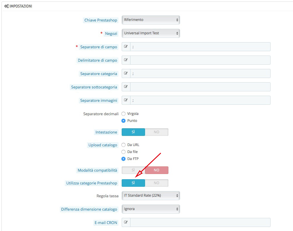 attiva categorie universal import